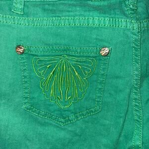 Ganja Green Denim Shorts Sz 6 Embroidered 420 Festival Summer Reggae